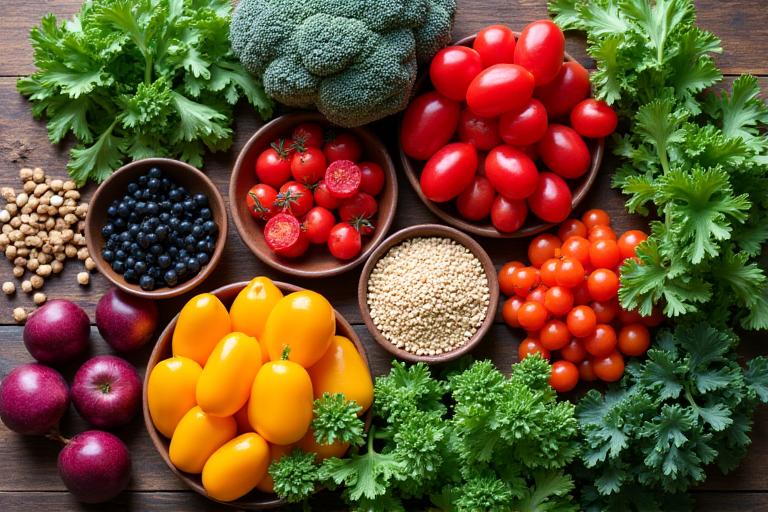 Healthy colorful foods arranged on a table, symbolizing gut health