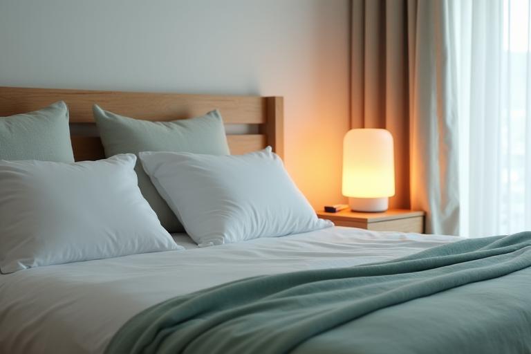 Peaceful bedroom setting with warm lighting, promoting good sleep