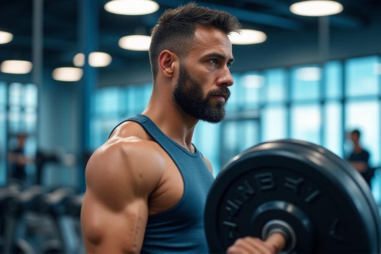 Mature man lifting weights in a bright gym